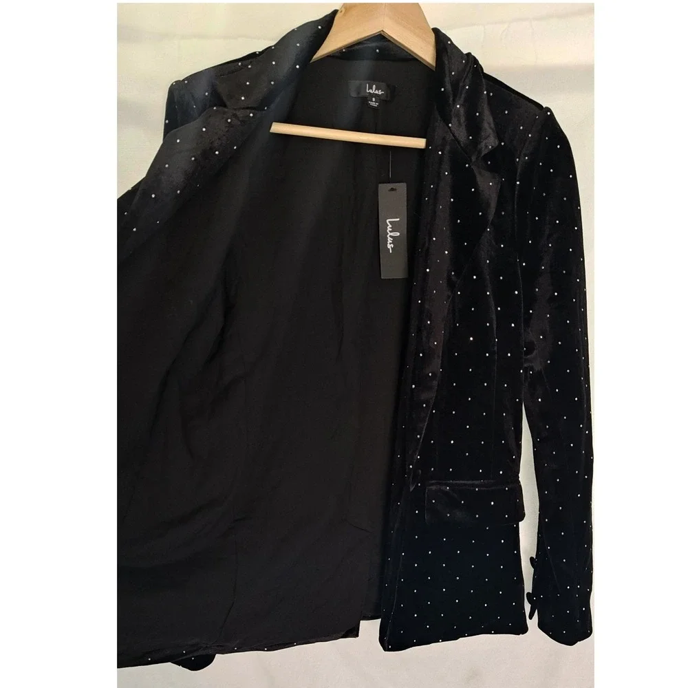 Lulus Glamorous Statement Black Velvet Studded Blazer Rhinestone‎ Gems small New